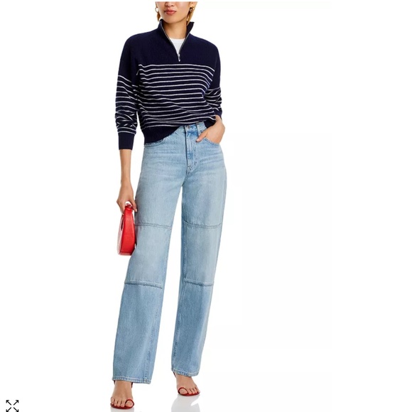 Luxurious 100% Cashmere Stripe Quarter Zip Sweater in Navy / White - Picture 5 of 6